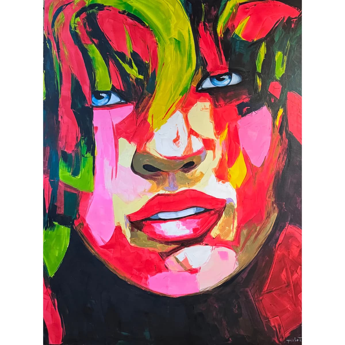 A vibrant, abstract portrait featuring bold colors and striking facial features.