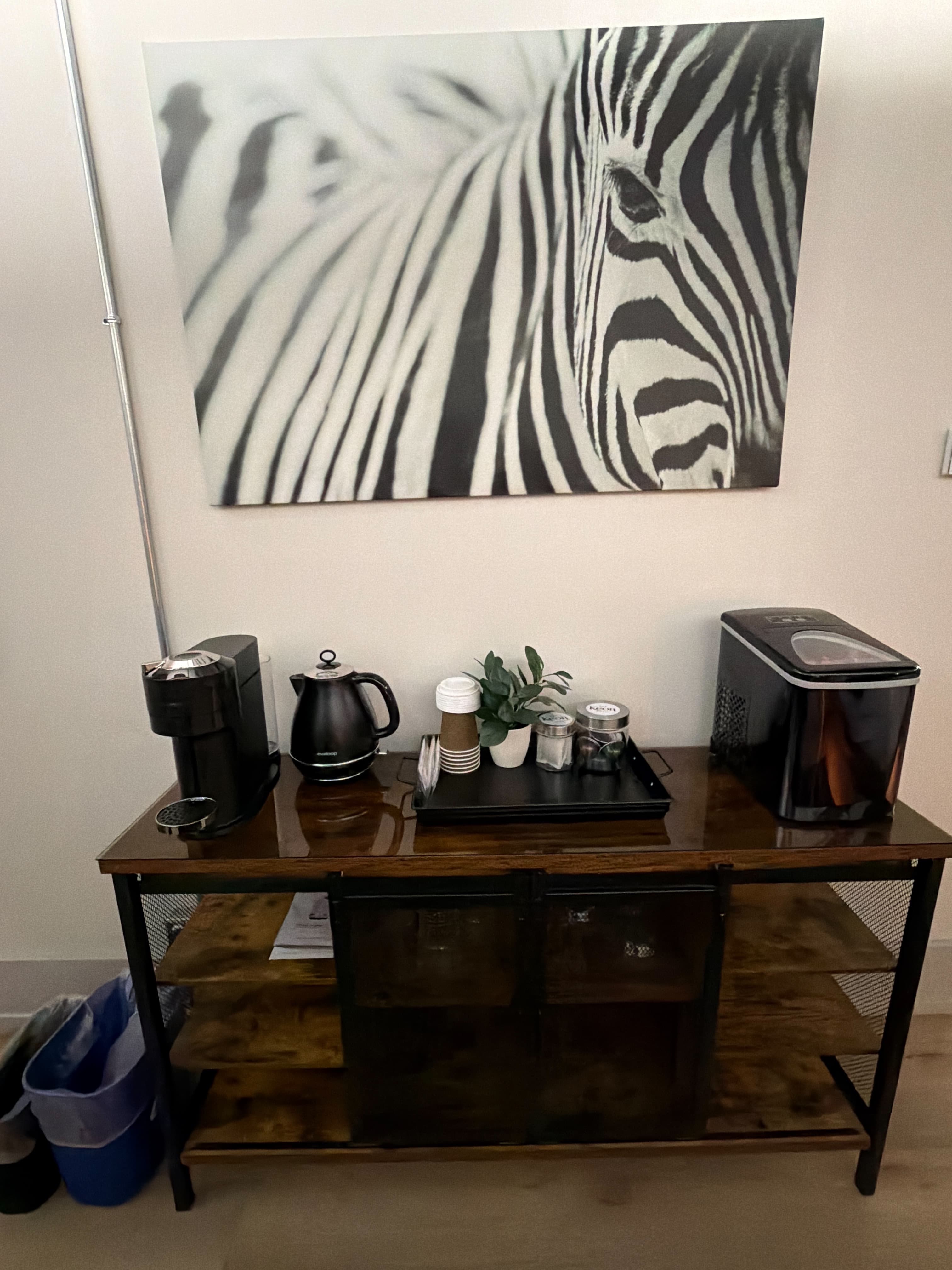 A wooden coffee station featuring a coffee maker, kettle, and decorative plant, with a zebra-themed art piece hanging above.